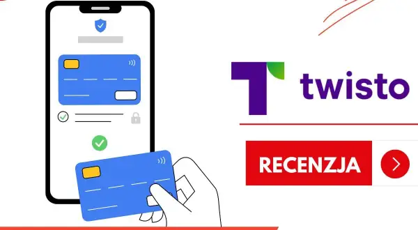 Grafika przedstawia smartfon z kartą płatniczą i logo Twisto. Czy Twisto jest bezpieczne? Sprawdź recenzję.