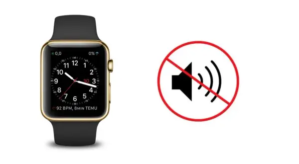 Złoty smartwatch obok symbolu wyciszenia. Dowiedz się, jak wyłączyć dźwięk w smartwatch, aby cieszyć się ciszą.