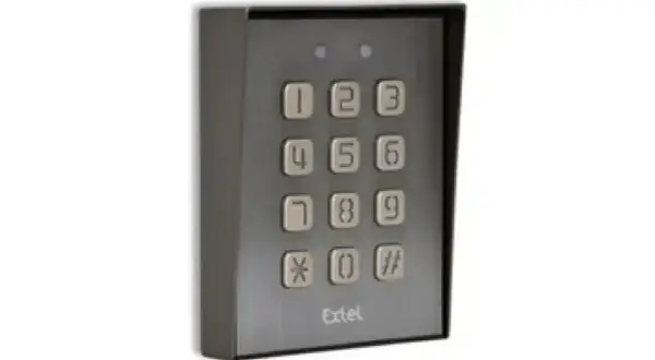 Digicode Extel gris avec pavé numérique et deux voyants lumineux.