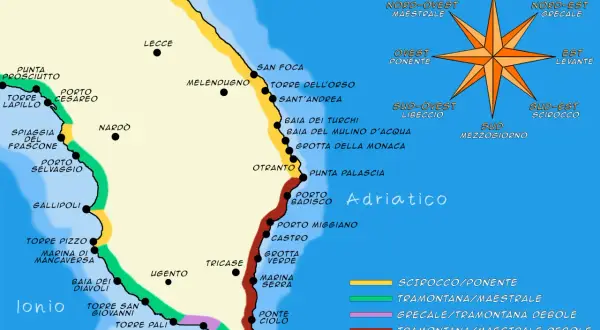 Mappa delle spiagge del Salento Adriatico, con località come Otranto, Torre dell'Orso e San Foca.
