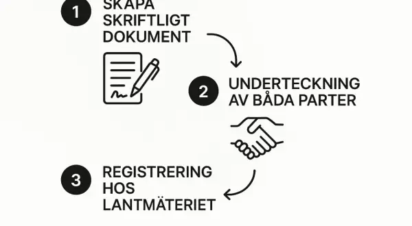 Steg för att upprätta ett gåvobrev pengar: 1. Skapa skriftligt dokument. 2. Underteckning av båda parter. 3. Registrering hos Lantmäteriet.