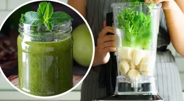 Zielony koktajl z selera, banana i sałaty w blenderze, gotowy do zmiksowania.