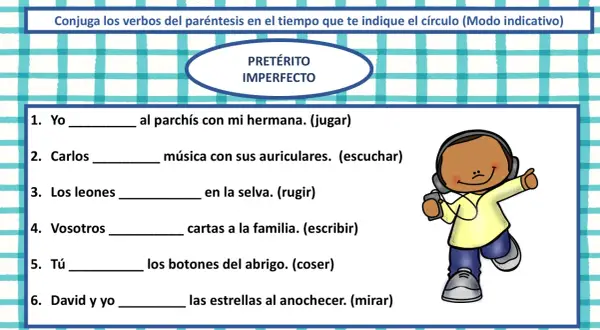 Ejercicios de verbos para 6 primaria: conjuga el pretérito imperfecto. Un niño con auriculares escucha música.