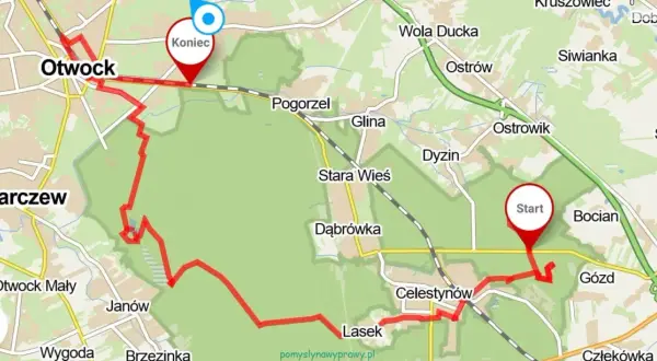 Trasa rowerowa z Otwocka przez Karczew, Celestynów i dalej w kierunku Pogorzela.