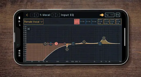 Ekran telefonu z aplikacją JBL One, pokazujący korektor graficzny z ustawieniami dla wokalu żeńskiego.