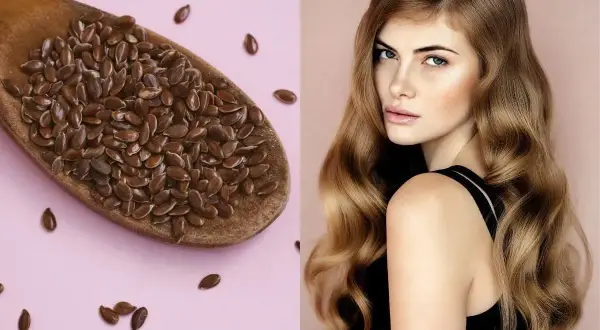 Siemię lniane na włosy – sekret pięknych, lśniących fal. Łyżka nasion lnu i modelka z bujną fryzurą.