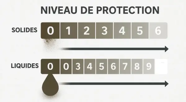 Échelle de protection contre les solides (0-6) et les liquides (0-9). Le niveau IP 57 indique une protection contre la poussière et une immersion temporaire dans l'eau.