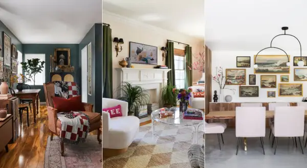 A collage of three rooms showcasing transitional interior design, blending classic and modern elements.