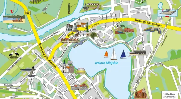 Międzychód atrakcje: Rynek, Jezioro Miejskie z żaglówkami, park z ptakiem, plaża i ścieżki rowerowe.