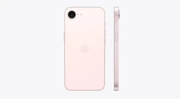 Le dernier iPhone sorti, couleur rose pâle, vu de dos et de profil. Design épuré et logo Apple discret.