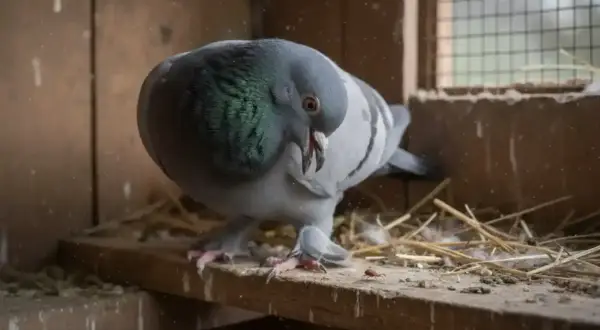 Gołąb pochyla się nad maleńkim kleszczem obrzeżkiem, który czai się na desce w gołębniku.