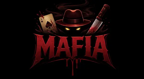Krwawy as pik, nóż i kapelusz z żółtymi oczami. Logo gry mafia online.