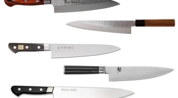 Różne rodzaje noży japońskich: santoku, gyuto, nakiri. Ostrza z damasceńskiej stali VG-10 i inne.