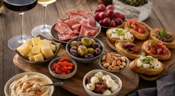 Köstliches **Essen zur Weinprobe**: Bruschetta, Käsewürfel, Oliven, Mandeln, Hummus, Mozzarella-Bällchen, Peperoni und Aufschnitt.