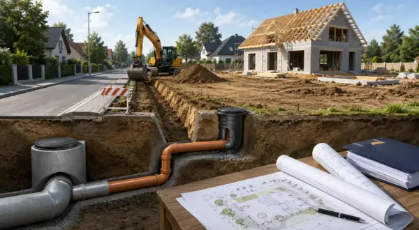 Budowa domu, wykop pod instalacje wodne, koparka, plany i dokumenty.