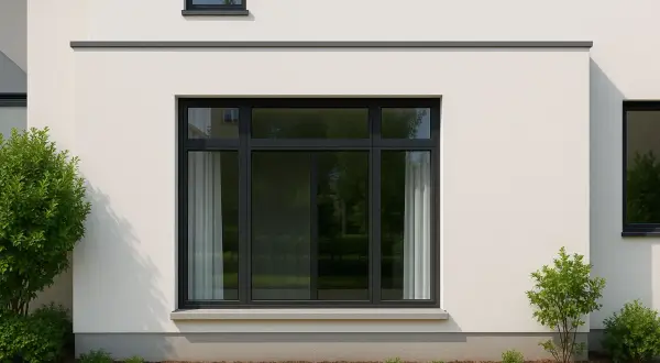 Ventana sin persiana, con cortinas blancas que ayudan a quitar la luz. Exterior de casa moderna con plantas.