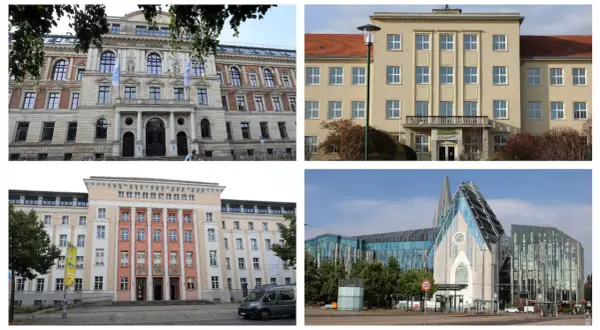 Vier Gebäude in Leipzig, die für ein Studium geeignet sind: ein historisches Palais, ein gelbes Universitätsgebäude, ein pastellfarbenes Gebäude und ein modernes Bauwerk.