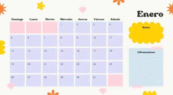 Calendario mensual para imprimir de Enero, con casillas para notas y afirmaciones.