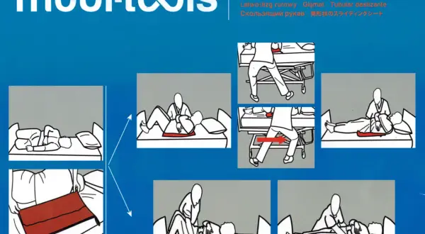 Ilustracje pokazują, jak używać łatwoślizgów dla chorych do przemieszczania pacjentów na łóżku i noszach.