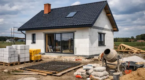 Budowa domu w toku. Beton na fundamenty, bloczki, cement i betoniarka czekają. Zastanawiasz się, ile kosztuje wylanie fundamentów pod dom?