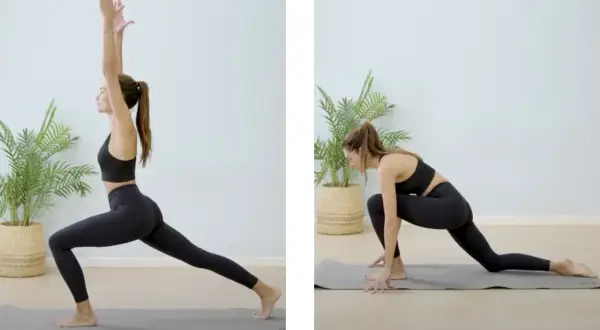 Donna in posa yoga, una con braccia alzate, l'altra in affondo. Esercizi utili per chi soffre di problemi alle ginocchia.
