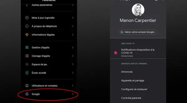 Paramètres du téléphone, avec une section dédiée aux paramètres des applis Google. L'écran de droite montre le compte Google de Manon Carpentier.