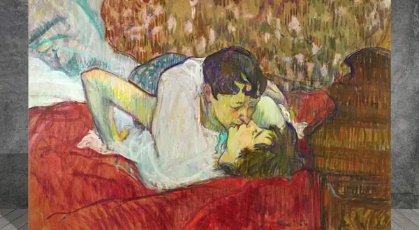 A tender moment captured in **in bed the kiss**. Two figures, rendered in vibrant, impressionistic strokes, share an intimate embrace on a richly colored bed.