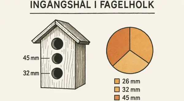Illustration av en fågelholk med tre ingångshål i olika storlekar: 45 mm, 32 mm och 26 mm. Diagram visar mått hål.