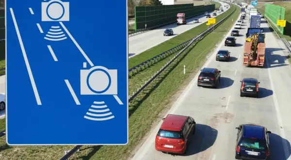 Znak informuje o odcinkowym pomiarze prędkości na autostradzie. Uważaj na kamery!