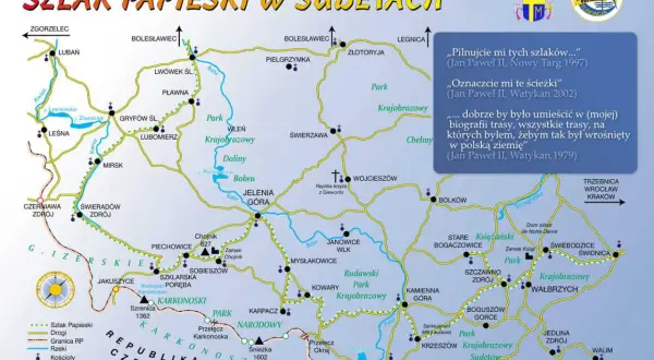 Mapa Szlaku Papieskiego w Sudetach, z zaznaczonymi miastami, parkami i zamkiem Chojnik.