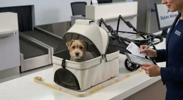 Un petit chien dans son panier, prêt pour l'avion. L'agent vérifie les dimensions, espérant éviter tout traumatisme pour le voyage.