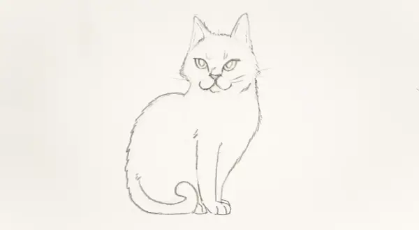 Unos tiernos dibujos de gatos, uno sentado con la cola enroscada y una mirada curiosa.
