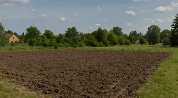 Przekształcenie działki budowlanej na rolną: świeżo zaorane pole z domem w tle.
