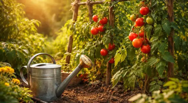 Reife Tomaten am Strauch, Gießkanne und Schaufel im Beet. Die Sonne scheint. Wann kann man Tomaten pflanzen? Nach den Eisheiligen!