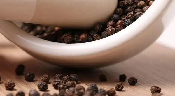Schwarze Pfefferkörner in einem Mörser. Sie stammen ursprünglich aus Indien und sind ein beliebtes Gewürz.