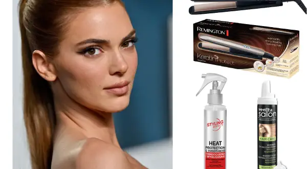 Modelka z niskim kucykiem i kosmetyki do stylizacji włosów: prostownica, spray i pianka.
