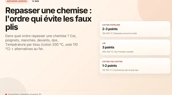 Repasser une chemise comme au pressing : l'ordre des étapes (col, poignets, manches, devant, dos) et les températures selon le tissu pour éviter les faux plis.