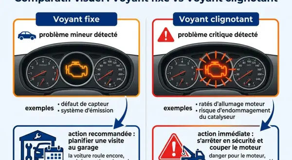 Tableau comparatif : voyant moteur fixe (problème mineur) vs voyant moteur qui clignote (problème critique). Action immédiate recommandée si le voyant clignote.