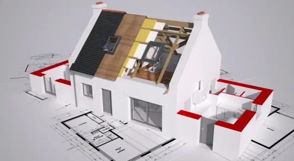 Model domu na planach architektonicznych, z widocznym przekrojem dachu ukazującym ocieplenie nakrokwiowe.