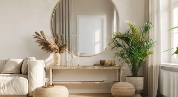 Salon z sofą, okrągłym lustrem na ścianie z luster, roślinami i pufami.