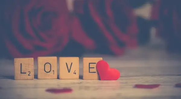 Lettere di legno formano la parola "LOVE" su uno sfondo di rose rosse, evocando le più belle canzoni dolci italiane.