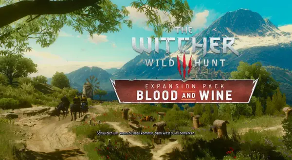 Witcher 3: Blood and Wine. Drei Reiter auf einem Feldweg, im Hintergrund ein Windrad und Berge.
