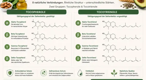 Die Vitamin-E-Familie: Alpha-Tocopherol, die aktivste Form im Körper, und andere Tocopherole/Tocotrienole mit ihren chemischen Strukturen und Funktionen.