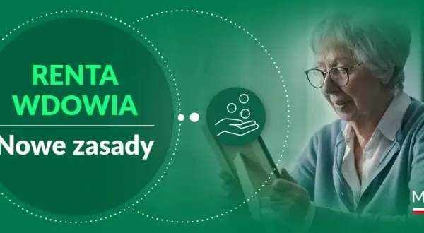 Starsza pani z okularami przegląda dokumenty. Na ekranie widnieje napis "Renta wdowia. Nowe zasady". To ważne informacje o emeryturze 2025.