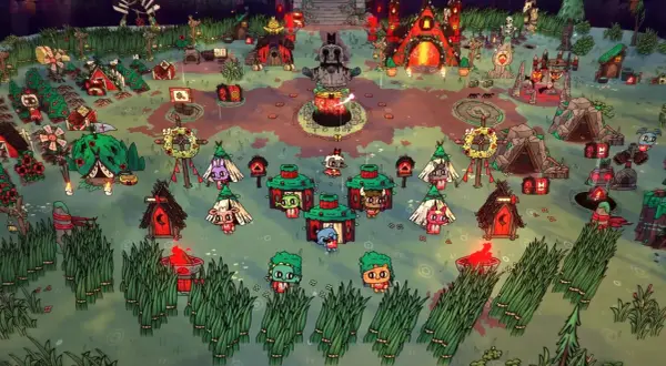 Urocza wioska z postaciami z gry, która przypomina, co to roguelike. Wszędzie widać małe domki, zwierzątka i ogniska.