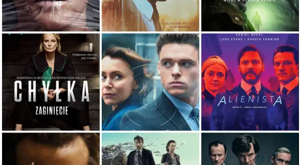 Kolaż plakatów filmowych i serialowych, w tym "Chyłka", "Rojst" i "Alienista", które są ekranizacjami książek.
