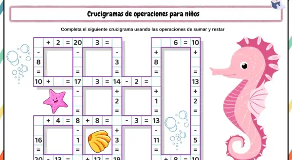 Un crucigrama de sumas y restas para niños, con un caballito de mar rosa y elementos marinos.