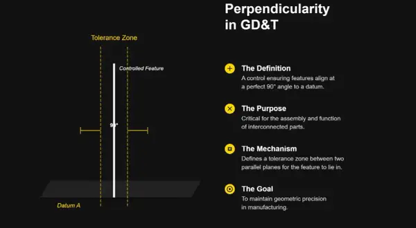 Ilustracja przedstawia definicję, cel i mechanizm tolerancji prostopadłości w GD&T, z diagramem pokazującym kontrolowaną cechę pod kątem 90° do Datum A.