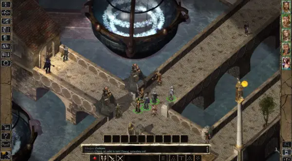 Drużyna w Baldur's Gate na kamiennych mostach nad wodą, przygotowuje się do walki.