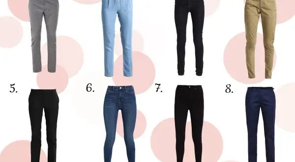 Osiem par spodni: szare, błękitne jeansy, czarne jeansy, beżowe, czarne eleganckie, niebieskie jeansy, czarne rurki, granatowe. Co znaczy tall w ubraniach?